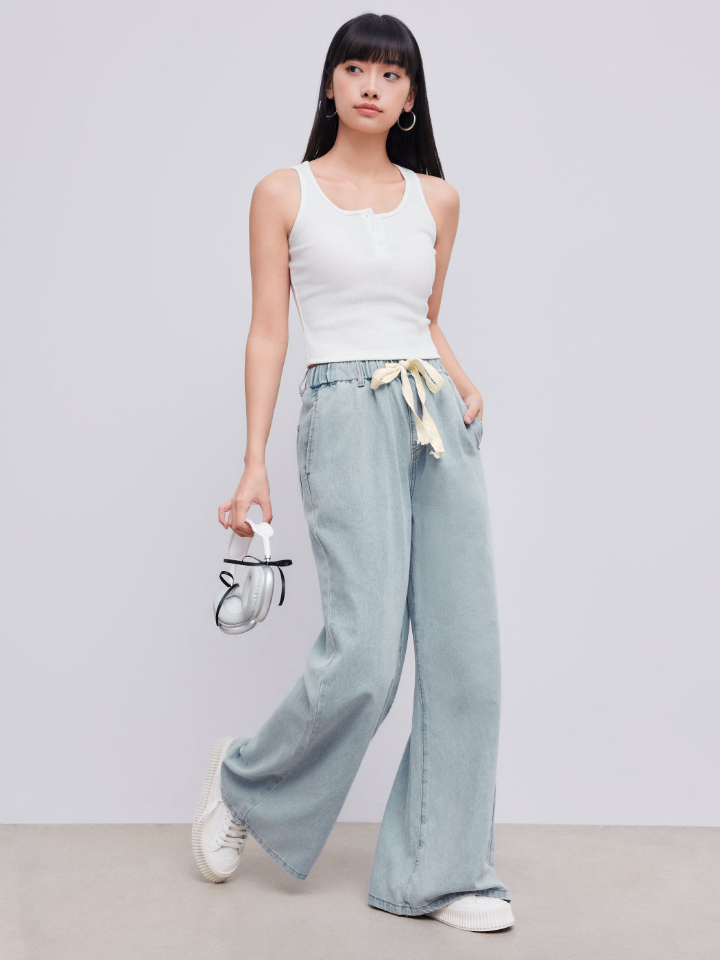 Petite Pantalons Taille Haute Uni Denim à Jambe Large