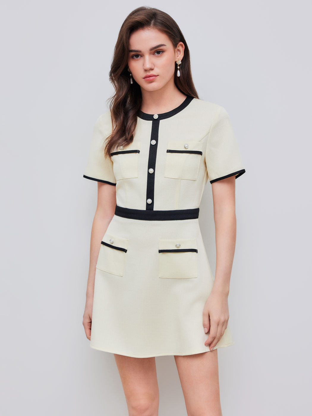 Tweed Round Neckline Contrasting Binding Pearl Button Mini Dress