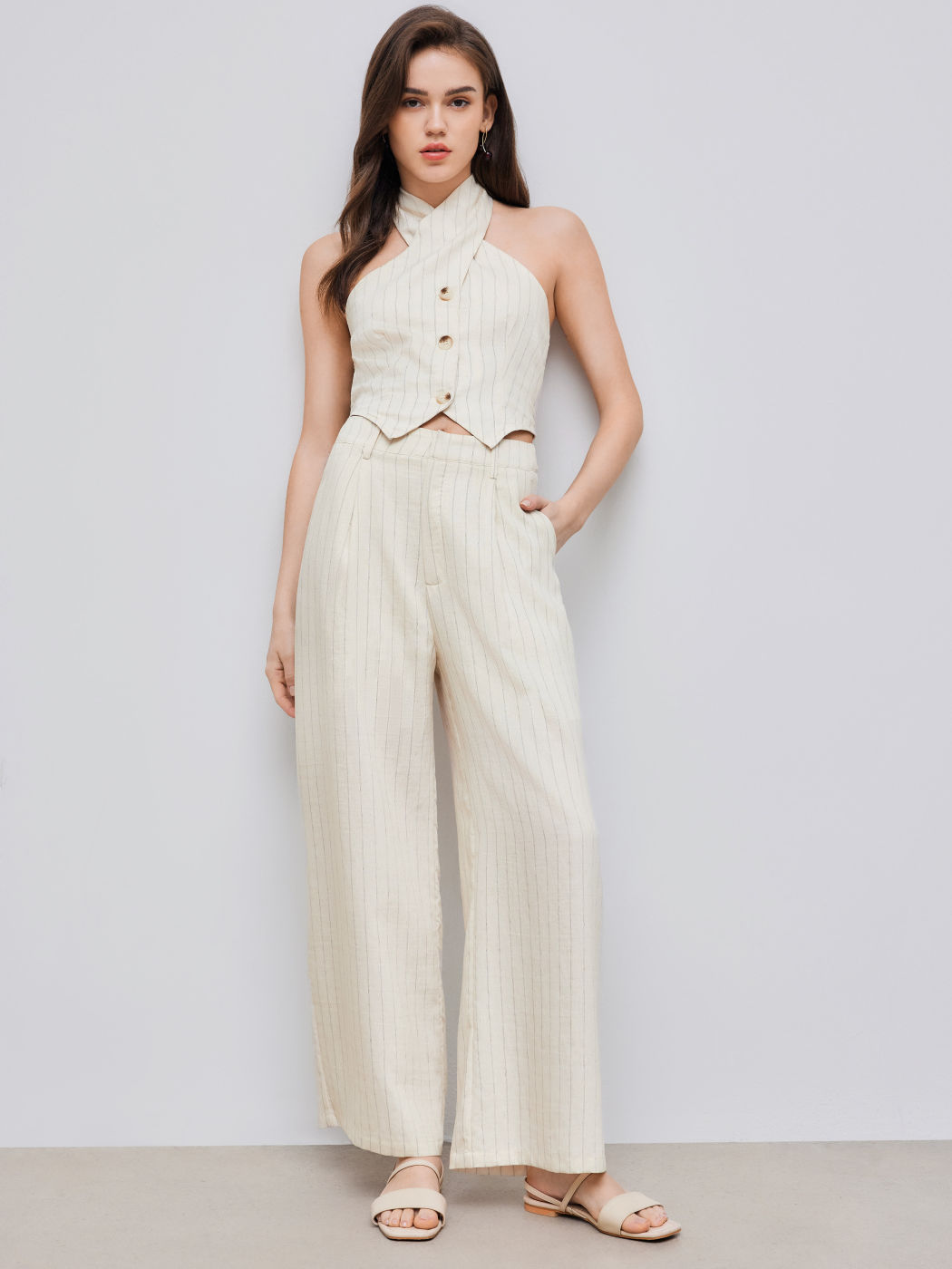 Linen-blend Mid Rise Striped Wide Leg Trousers 