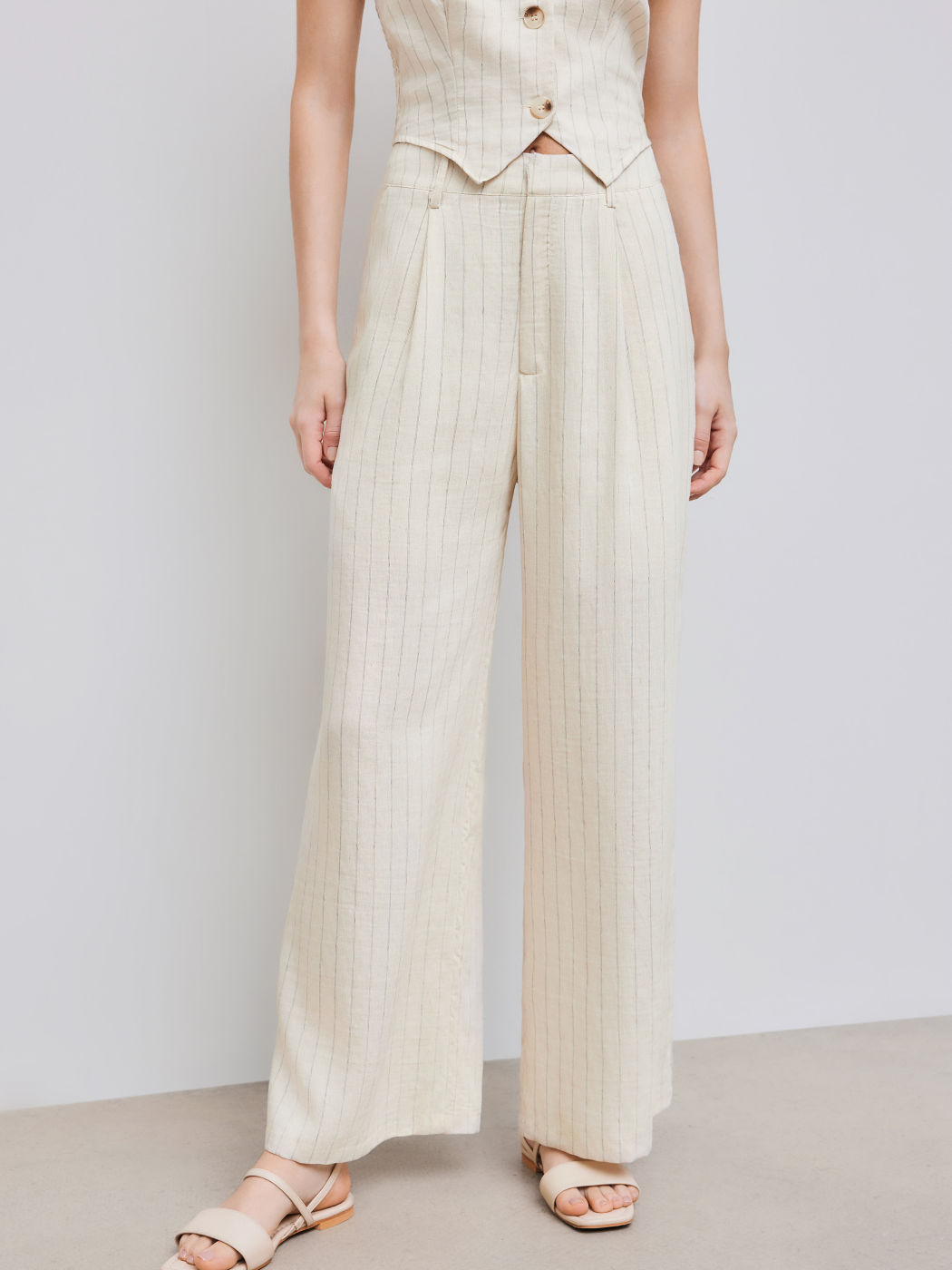 Linen-blend Mid Rise Striped Wide Leg Trousers 