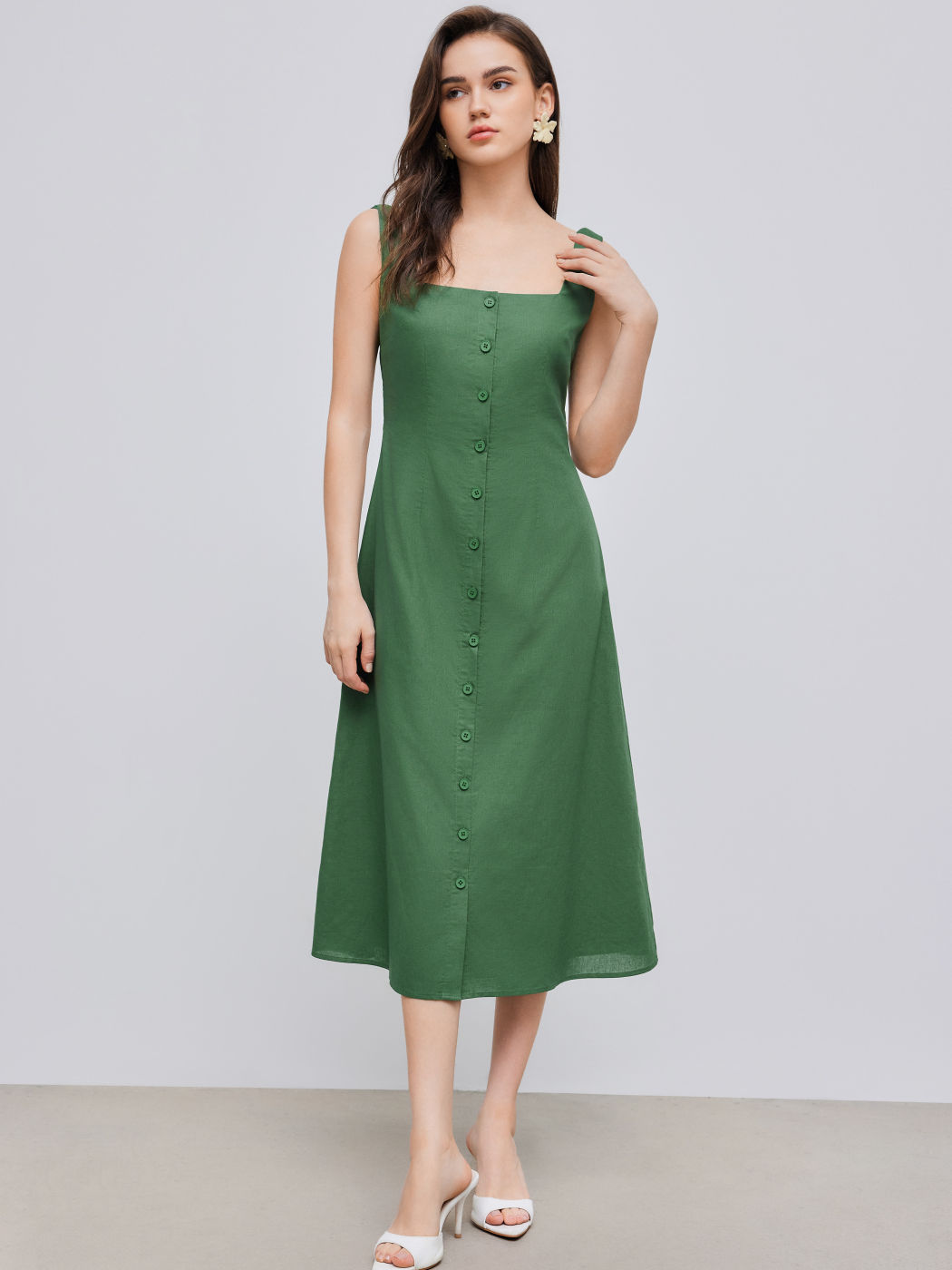 Cotton Linen Square Neck Solid Button Midi Dress