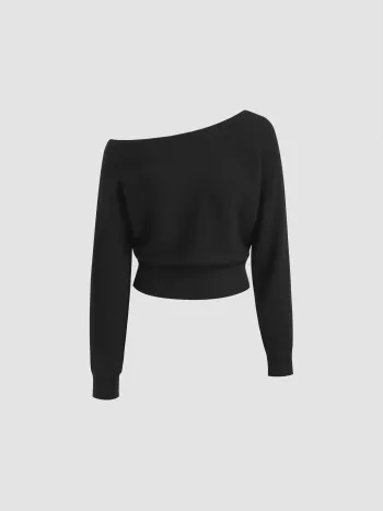 Asymmetrischer Hals, einfarbiges Crop-Top mit langen Ärmeln