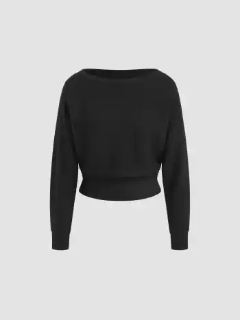 Asymmetrischer Hals, einfarbiges Crop-Top mit langen Ärmeln