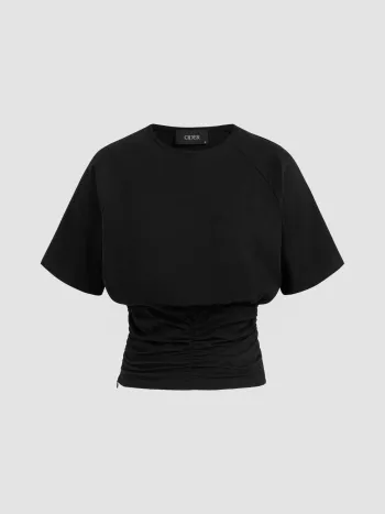 Cotton-blend Round Neck Solid Ruched Short Sleeve Tee