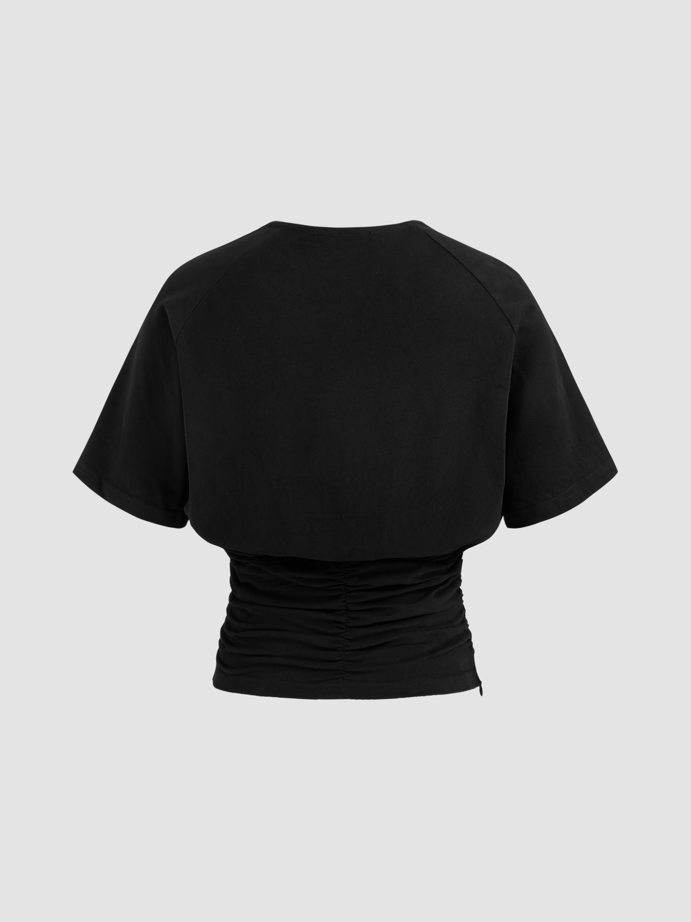 Knit Fabric Cotton Cotton-blend Round Neck Solid Ruched