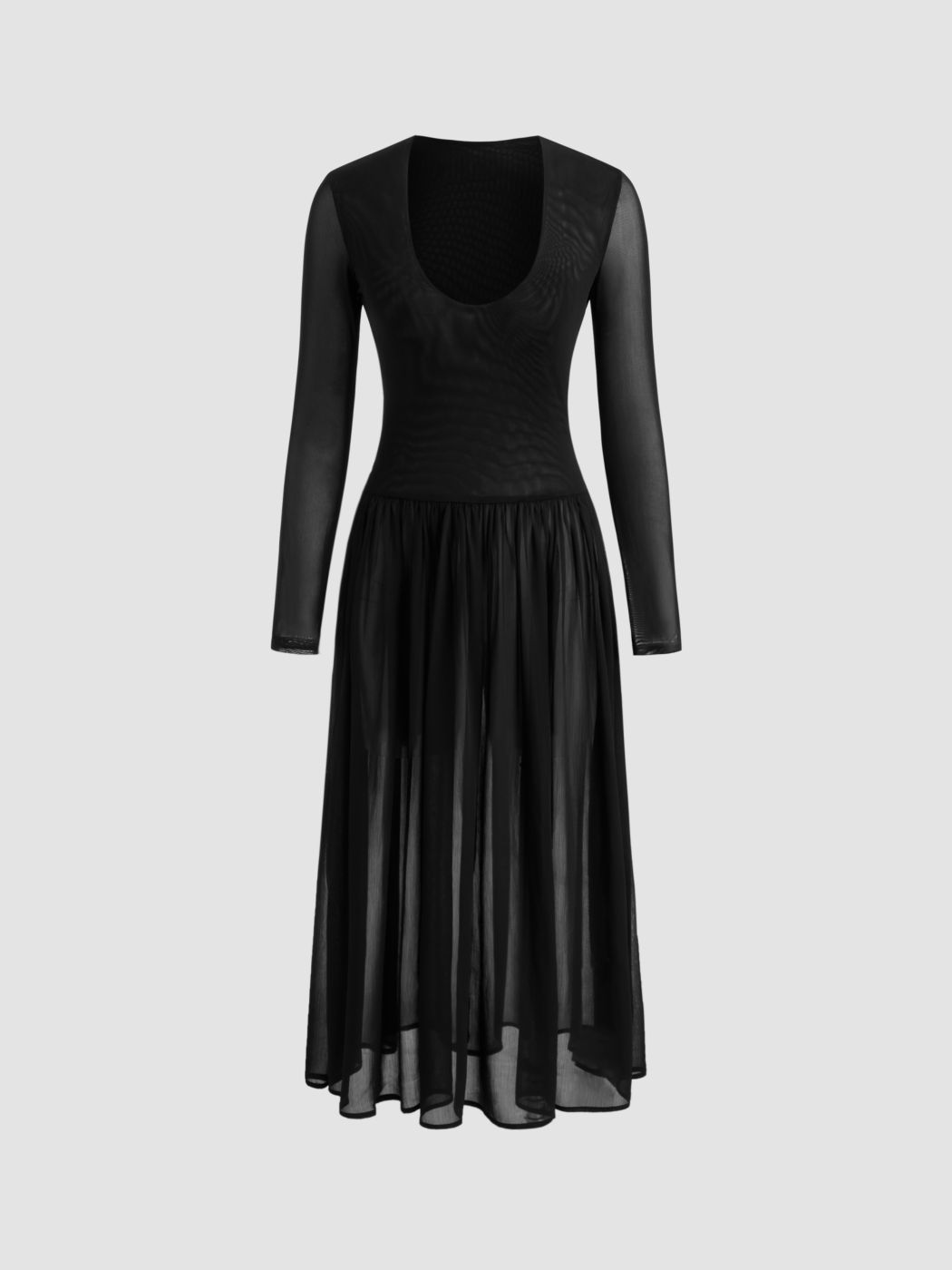 Mesh Scoop Neckline Solid See-through Maxi Dress