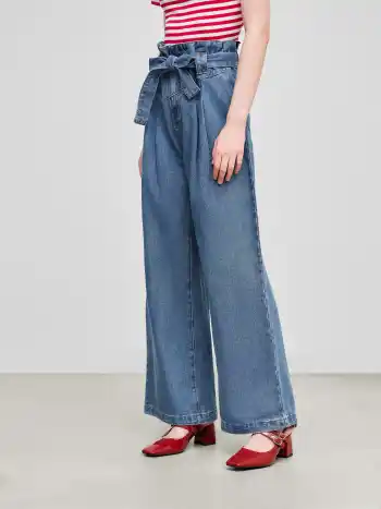 Hochbundige einfarbige Jeans mit Schleife und breiten Beinen