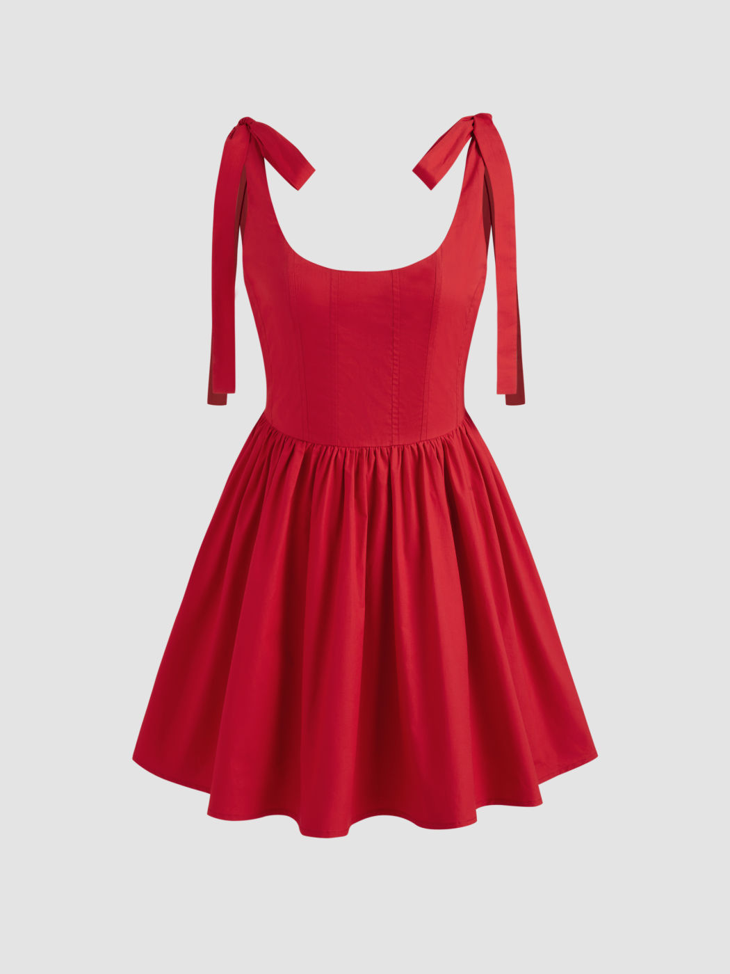 100% Cotton Scoop Neckline Solid Knotted Ruffle Mini Dress