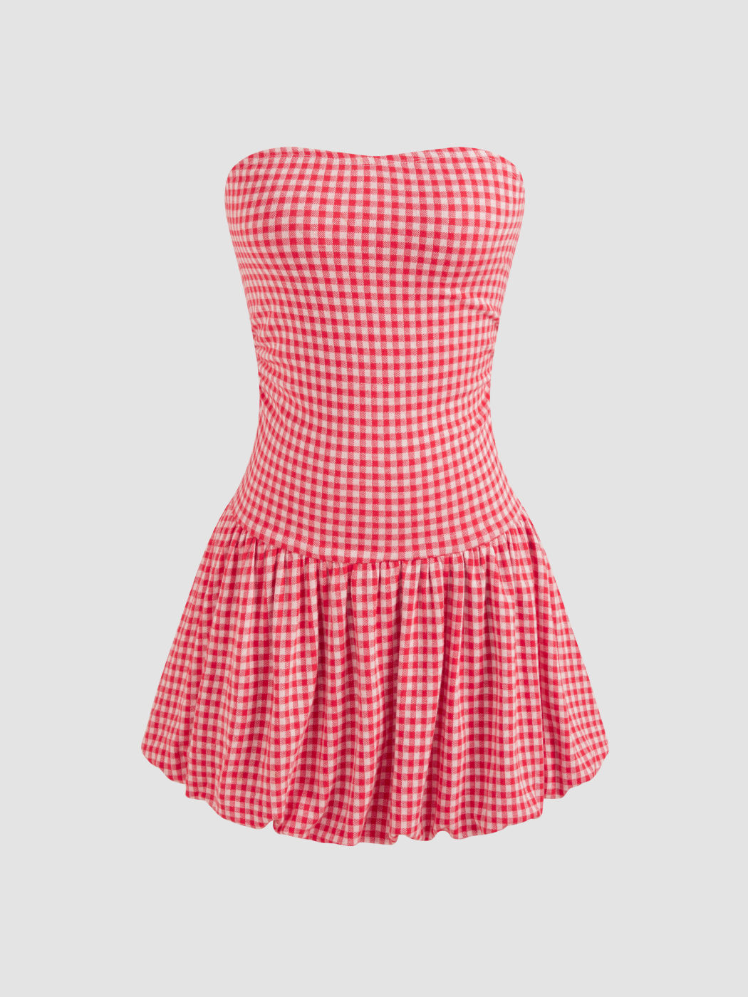 Strapless Gingham Bubble Hem Tube Mini Dress