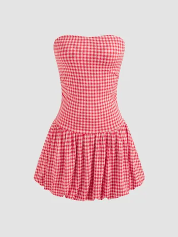Strapless Gingham Bubble Hem Tube Mini Dress