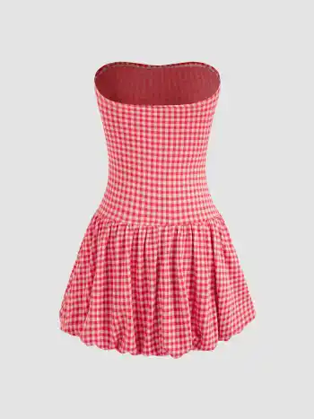 Strapless Gingham Bubble Hem Tube Mini Dress