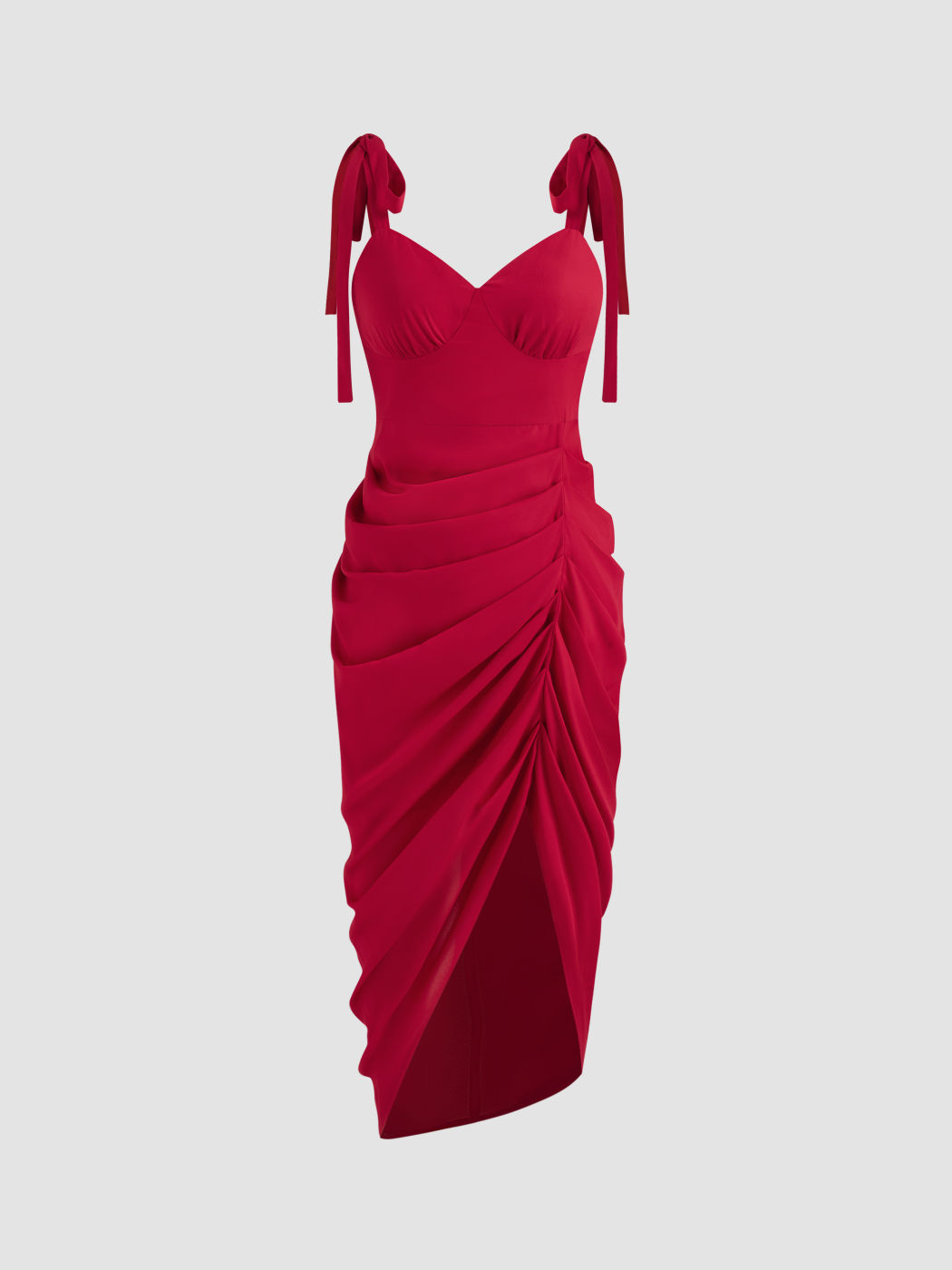 Chiffon V-neck Solid Knotted Ruched Zipper Midi Dress