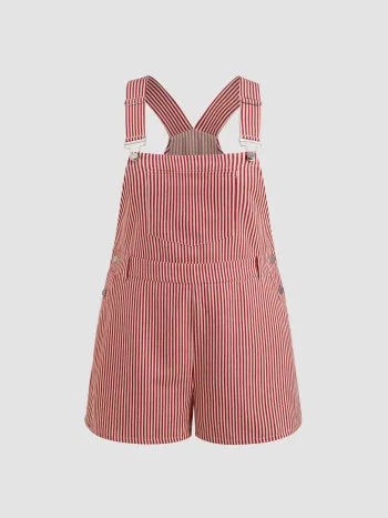 Cotton-blend Square Neck Striped Pocket Romper Curve & Plus