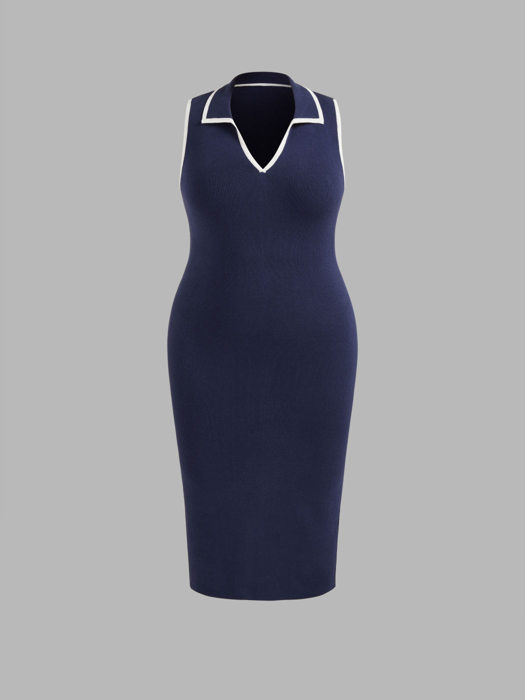 Strick-Midikleid mit V-Ausschnitt und kontrastierender Einfassung Kurve & Plus