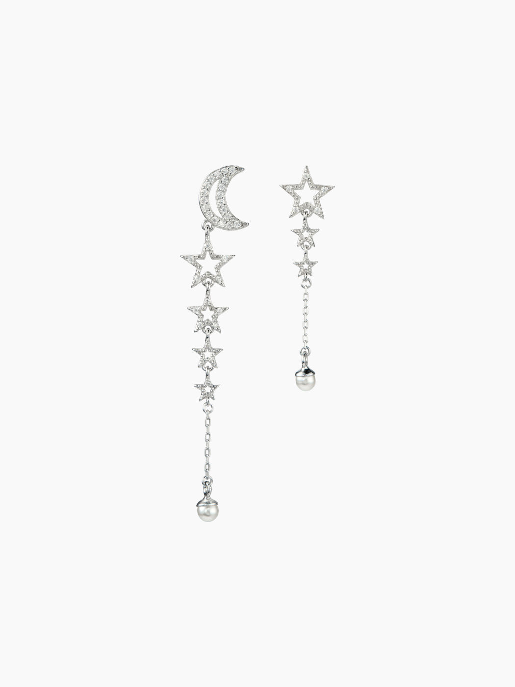 STERLING SILVER RHINESTONE DECOR MOON & STAR FAUX PEARL DROP EARRINGS