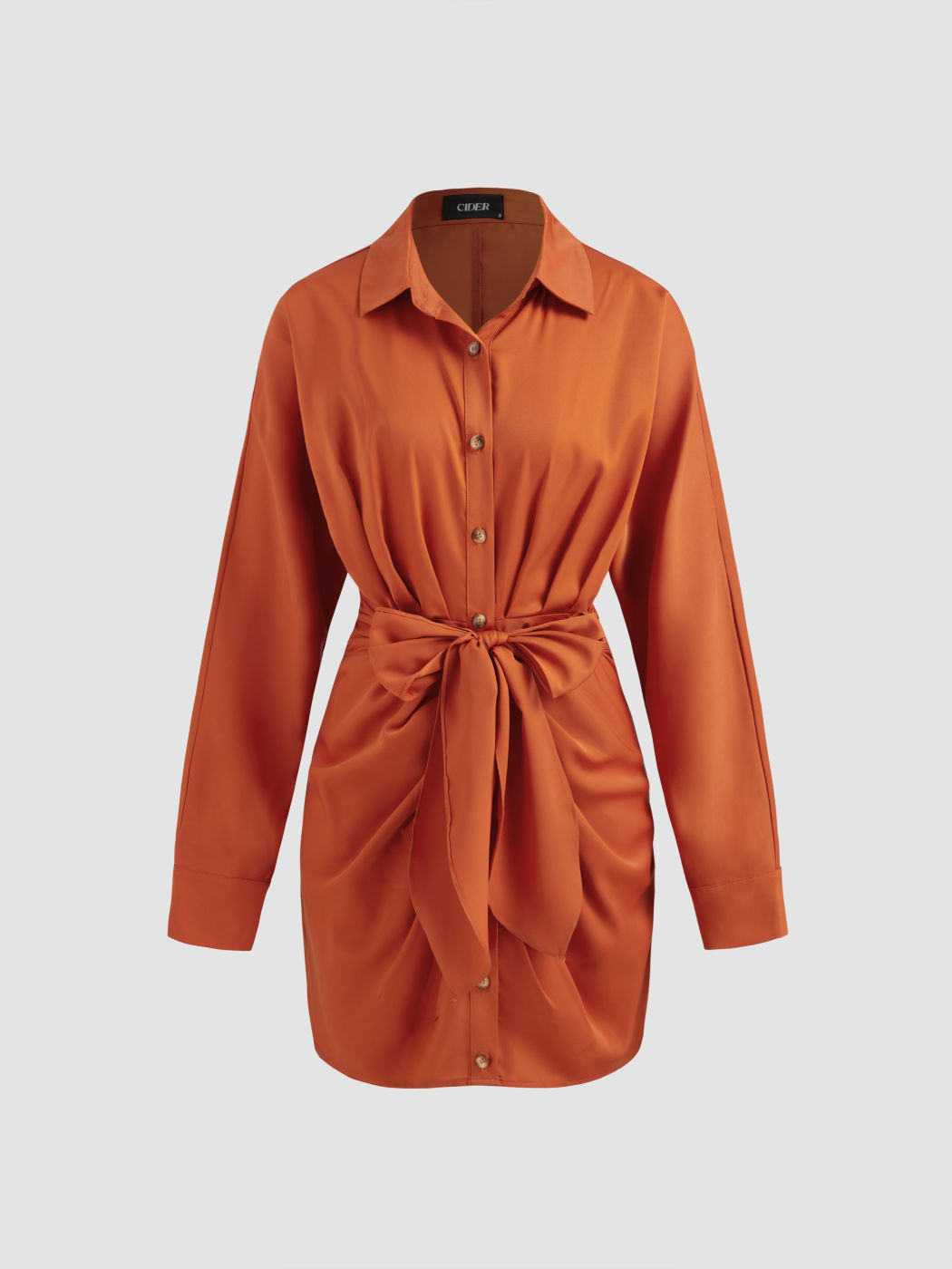 Collar Solid Button Knotted Mini Shirt Dress