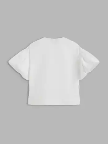 100% Cotton Round Neck Solid Knotted Bubble Sleeve Shirt