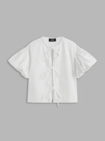 100% Cotton Round Neck Solid Knotted Bubble Sleeve Shirt