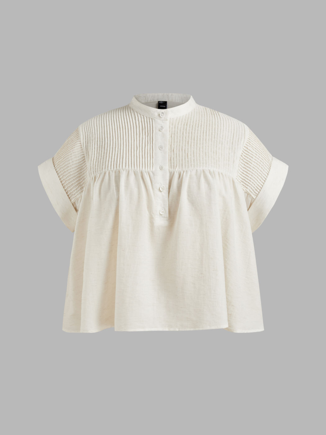 Linen-blend Stand Collar Texture Button Middle Sleeve Blouse Curve & Plus