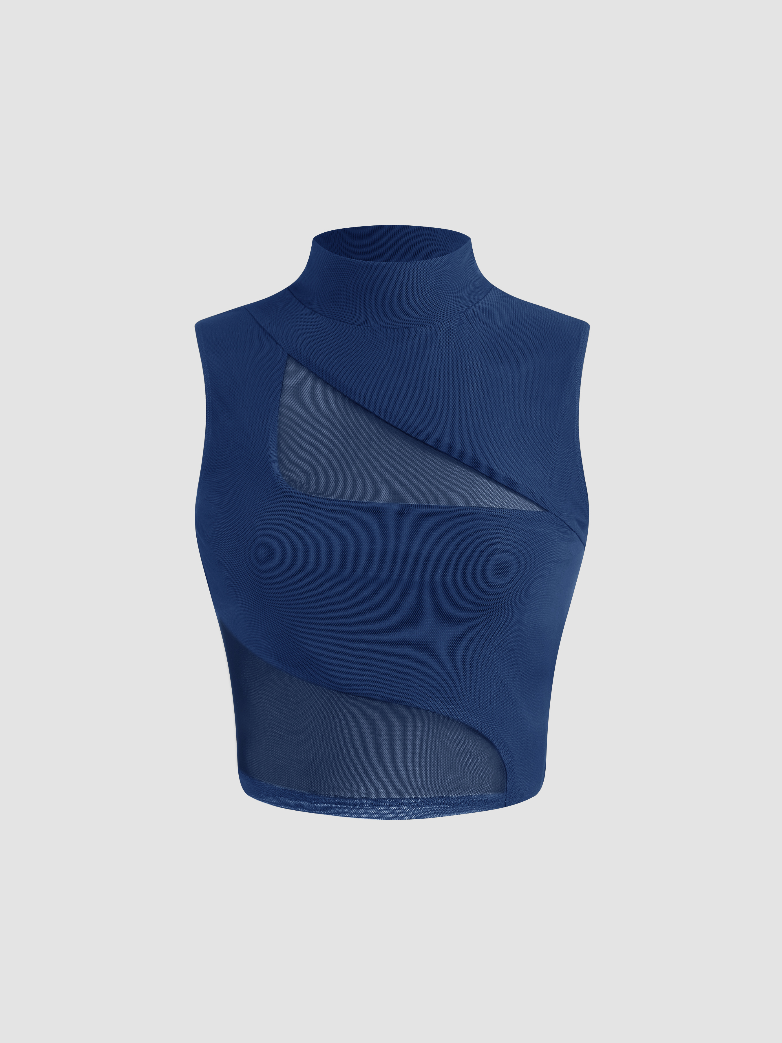 Knit Fabric Mesh Mesh High Neck Patched Crop Tank Top For