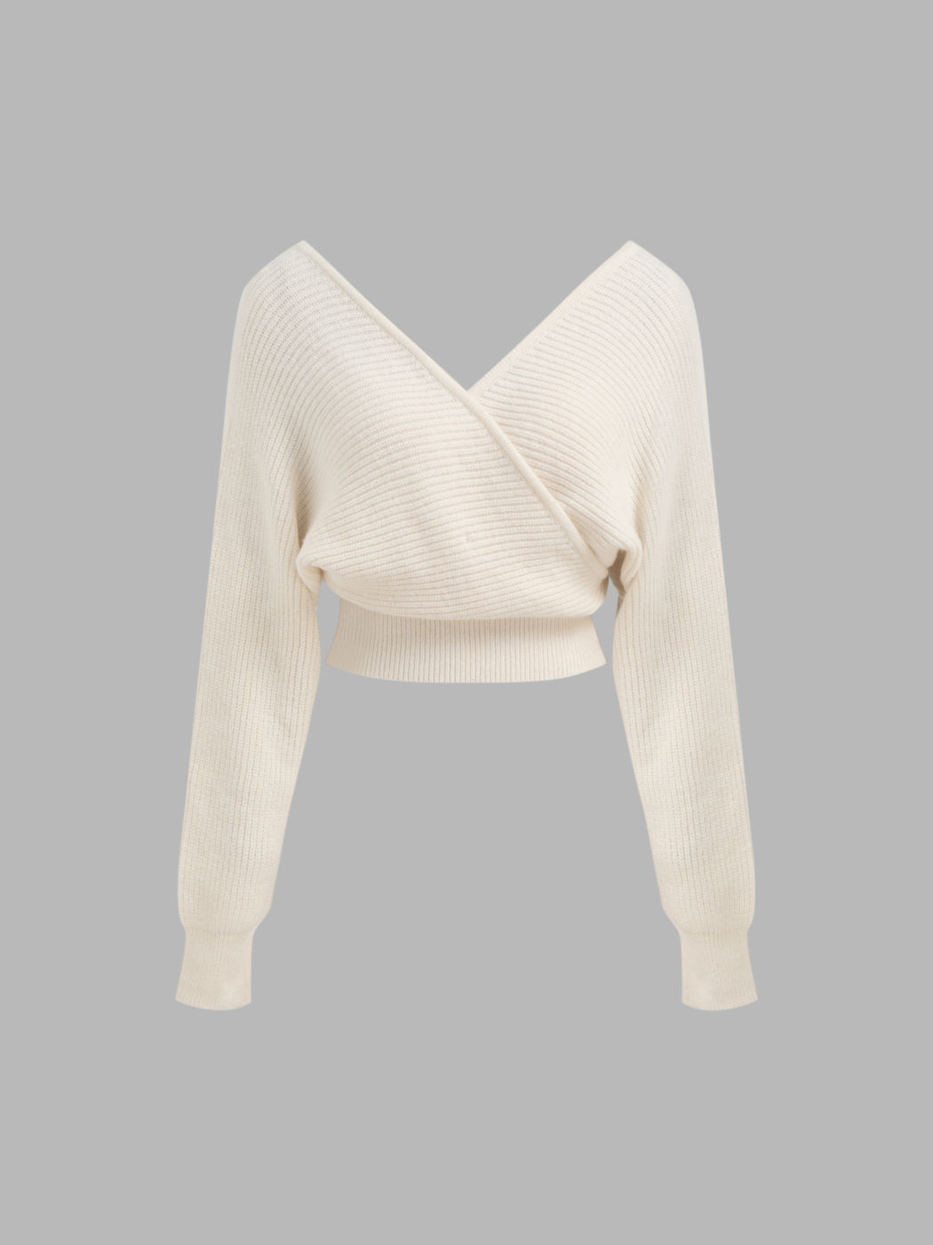 Knit V-neck Solid Wrap Crop Long Sleeve Top