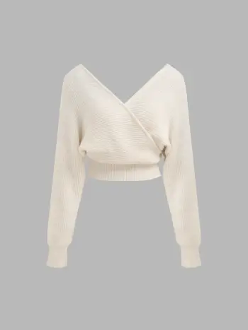 Knit V-neck Solid Wrap Crop Long Sleeve Top