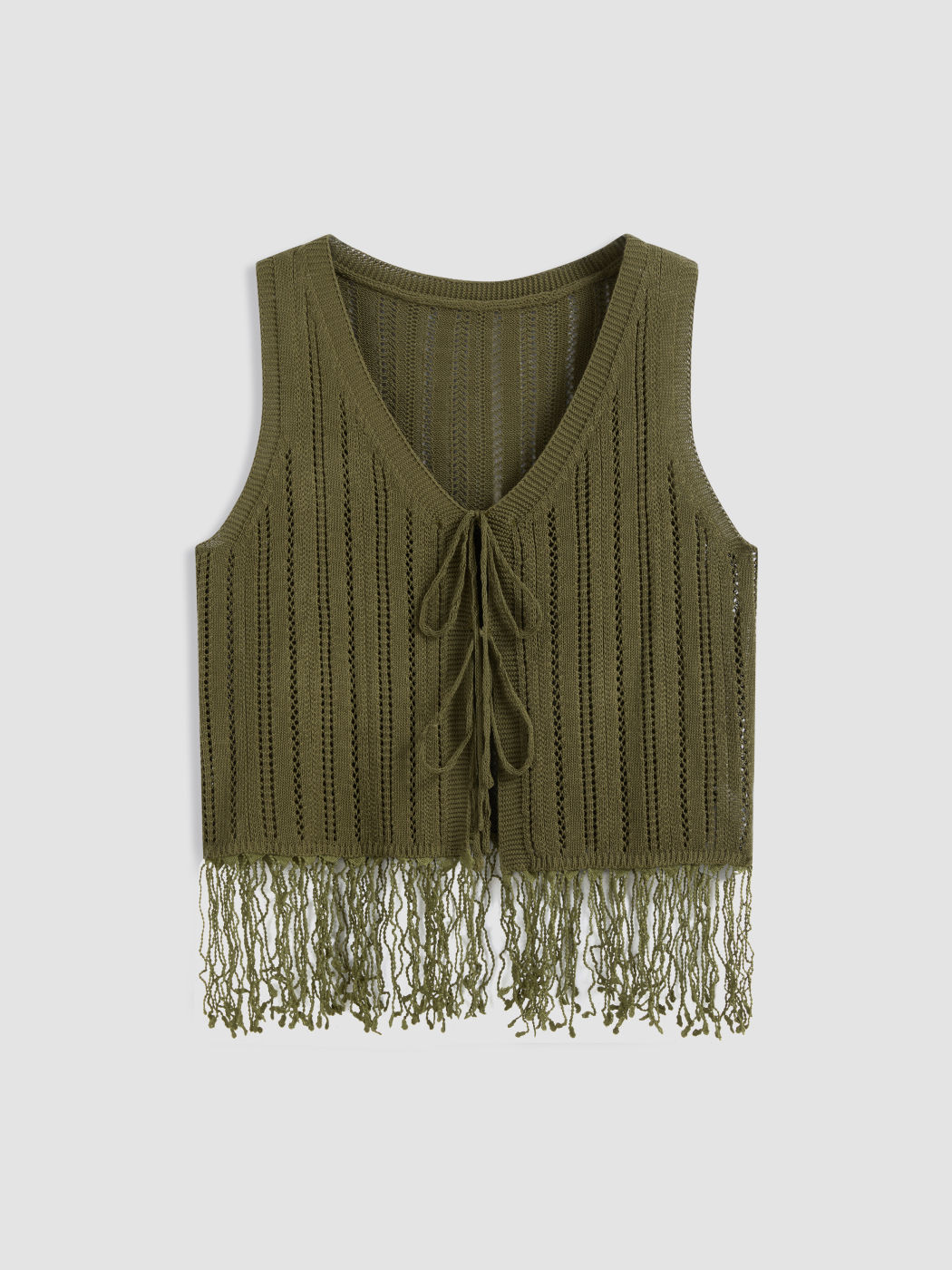 Knit V-neck Solid Tassel Tie Front Crop Vest Curve & Plus