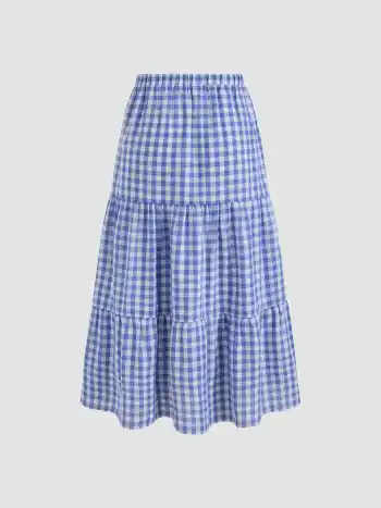 Gewebte hoch angesetzte Gingham-Midi-Schichtrock