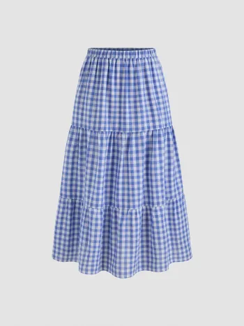 Gewebte hoch angesetzte Gingham-Midi-Schichtrock