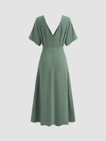 Leinen-Mischung V-Ausschnitt Einfarbig Rüschen Split Maxikleid