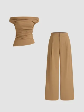 Off-shoulder Solid Texture Ruched Top With Mid Rise Solid Texture Straight Leg Trousers 