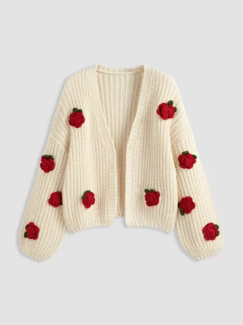 Strick-V-Ausschnitt-Rosetten-Over-Size-Cardigan