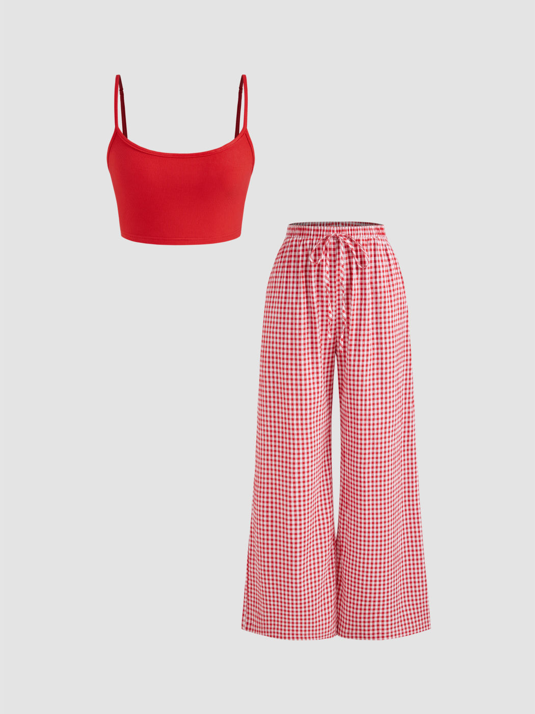 U-neckline Solid Crop Cami Top & Mid Rise Gingham Pocket Wide Leg Trousers