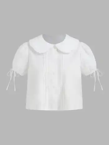 100% Cotton Doll Collar Solid Knotted Short Sleeve Shirt