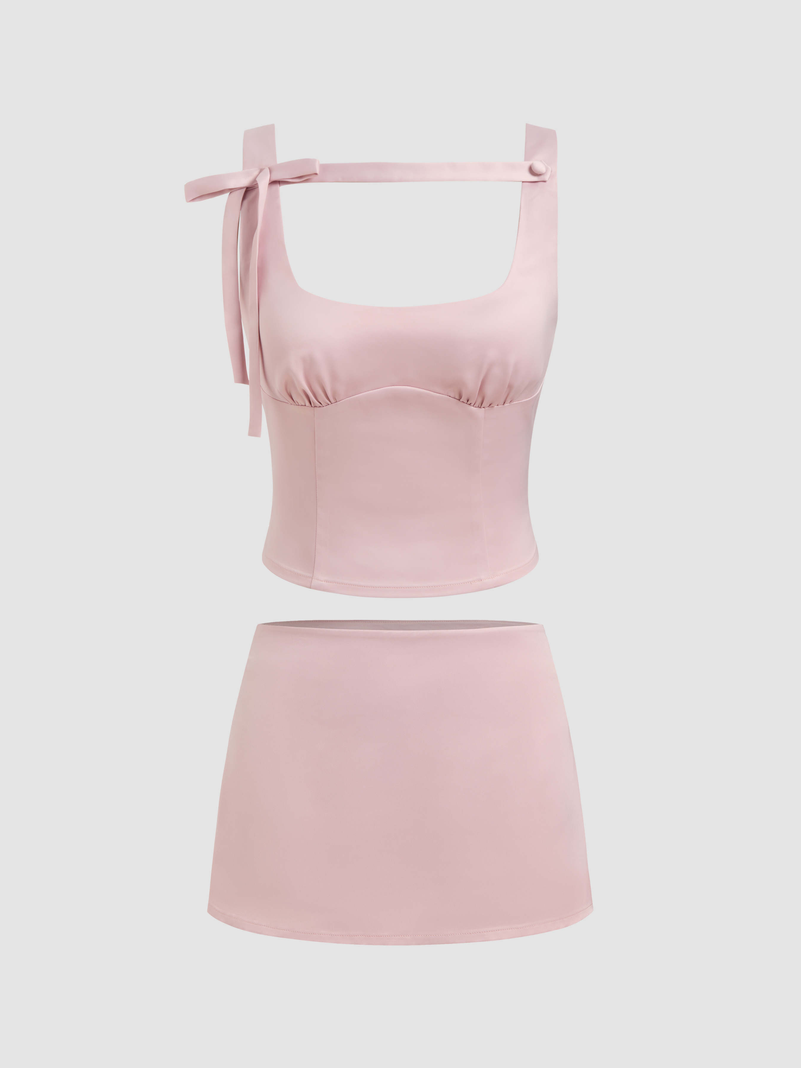 Satin Square Neck Solid Bowknot Top With Low Rise Solid Mini Skirt