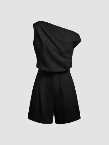 Asymmetrical Neck Solid Pleated Romper