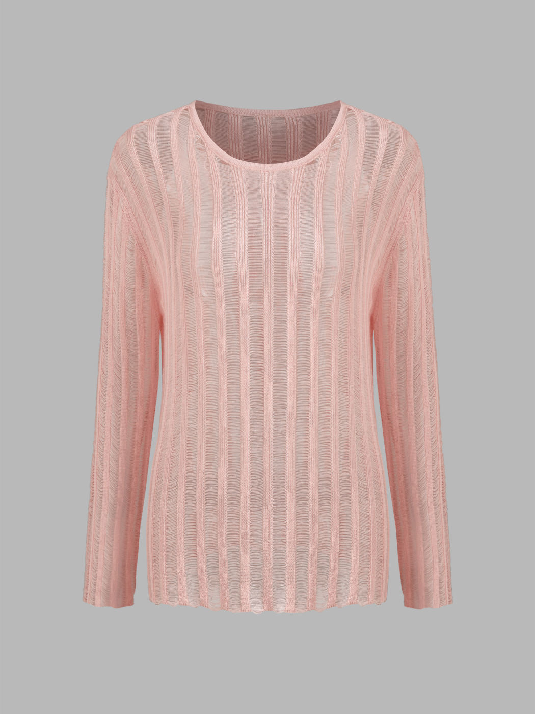 Knit Round Neckline Solid See-through Striped Long Sleeve Top