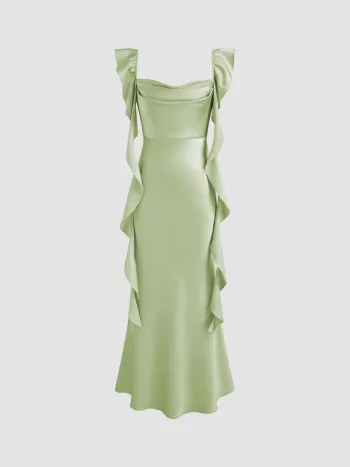 Satin Maxikleid mit Rundhalsausschnitt und Rüschensaum