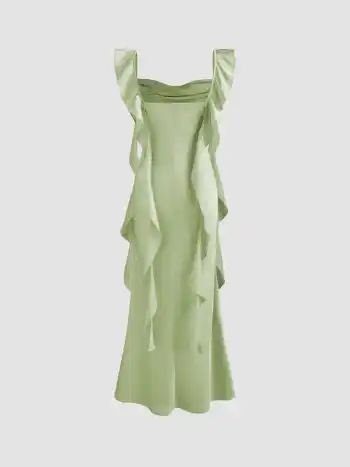 Satin Maxikleid mit Rundhalsausschnitt und Rüschensaum