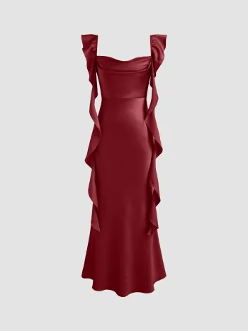 Satin Maxikleid mit Rundhalsausschnitt und Rüschensaum