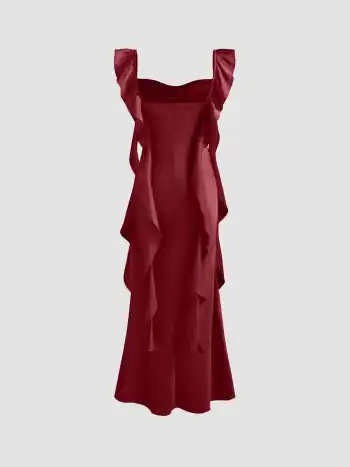 Satin Maxikleid mit Rundhalsausschnitt und Rüschensaum