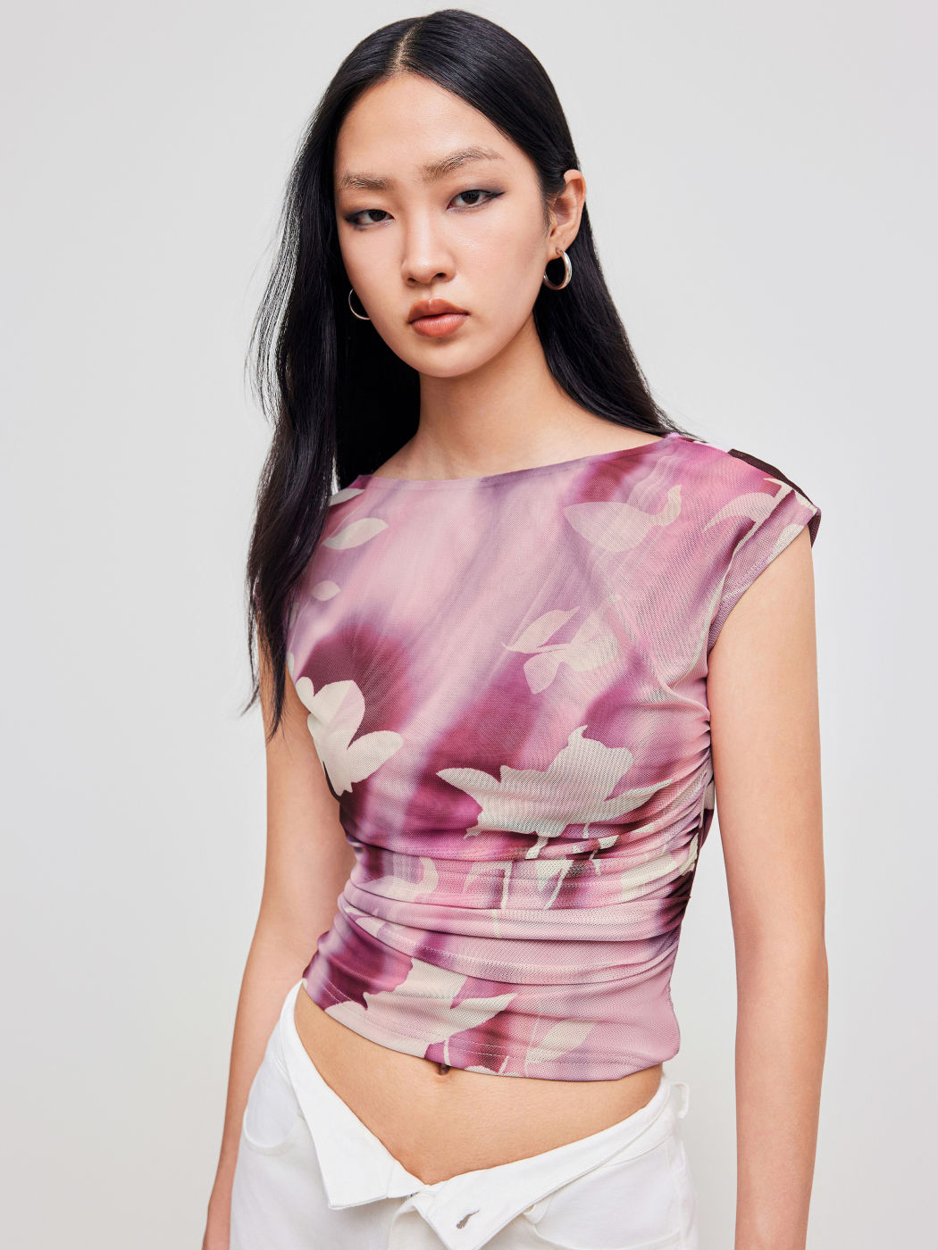 Mesh Boat Neck Floral Ruched Short Sleeve Tee