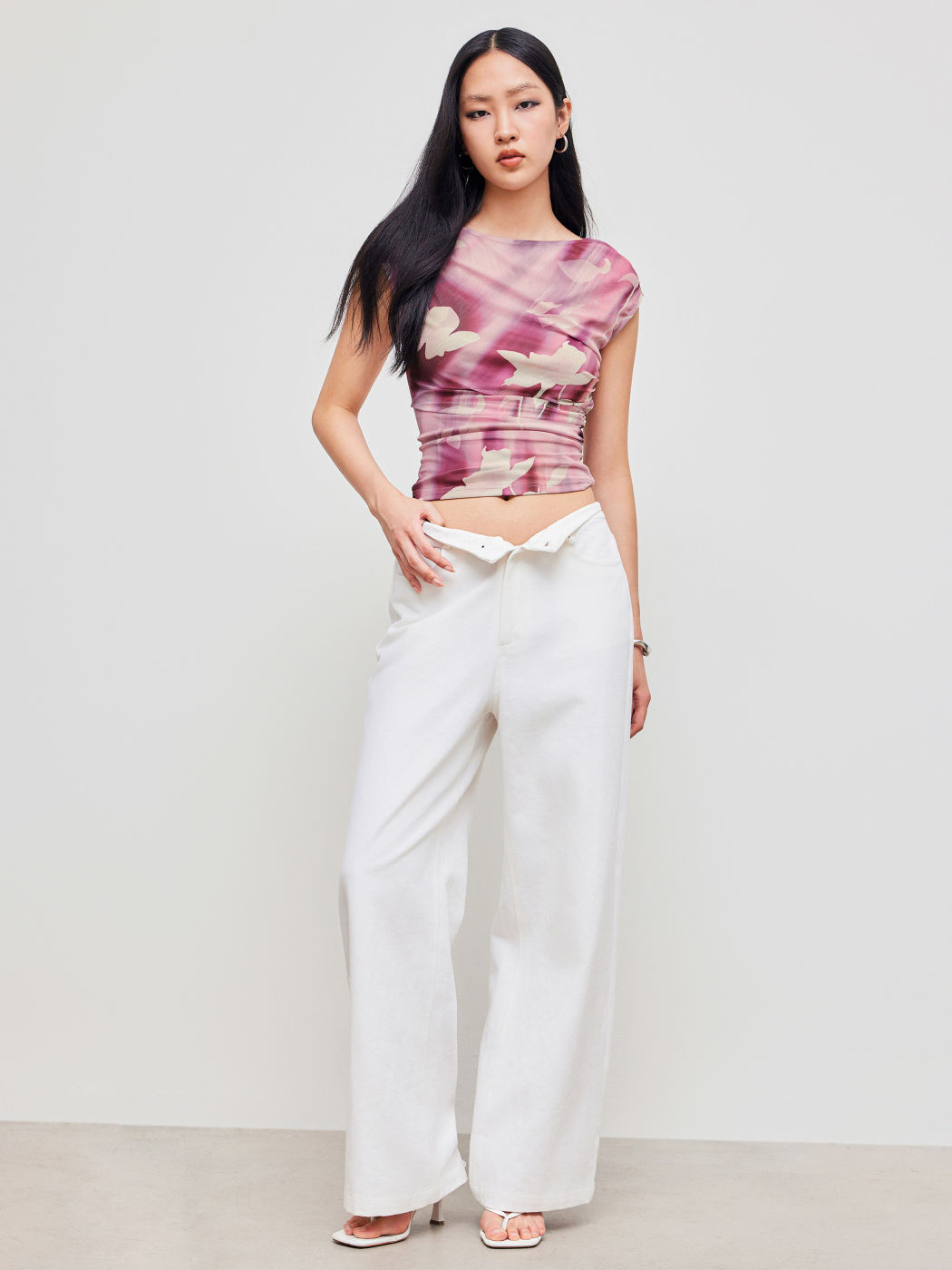 Mesh Boat Neck Floral Ruched Short Sleeve Tee
