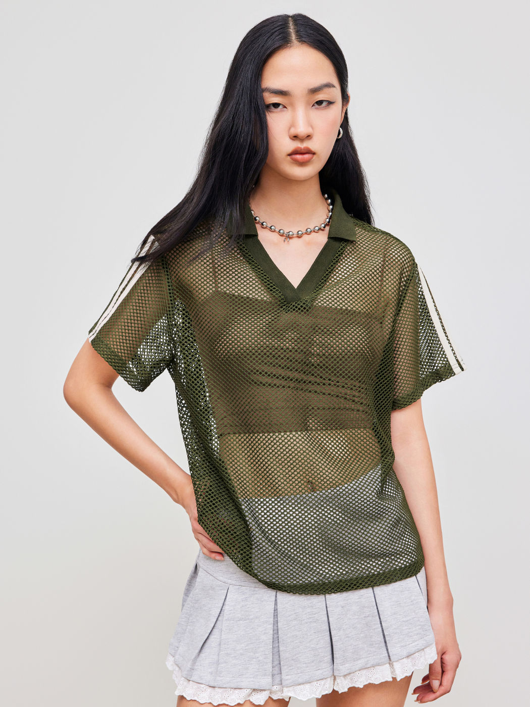V-neck See-through Hollow Out Oversized Tee