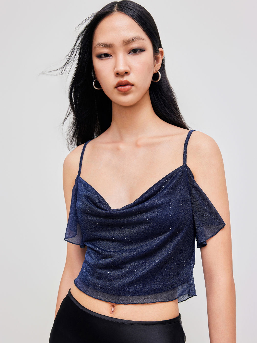  Sweetheart Neckline Solid Glitter Crop Cami Top
