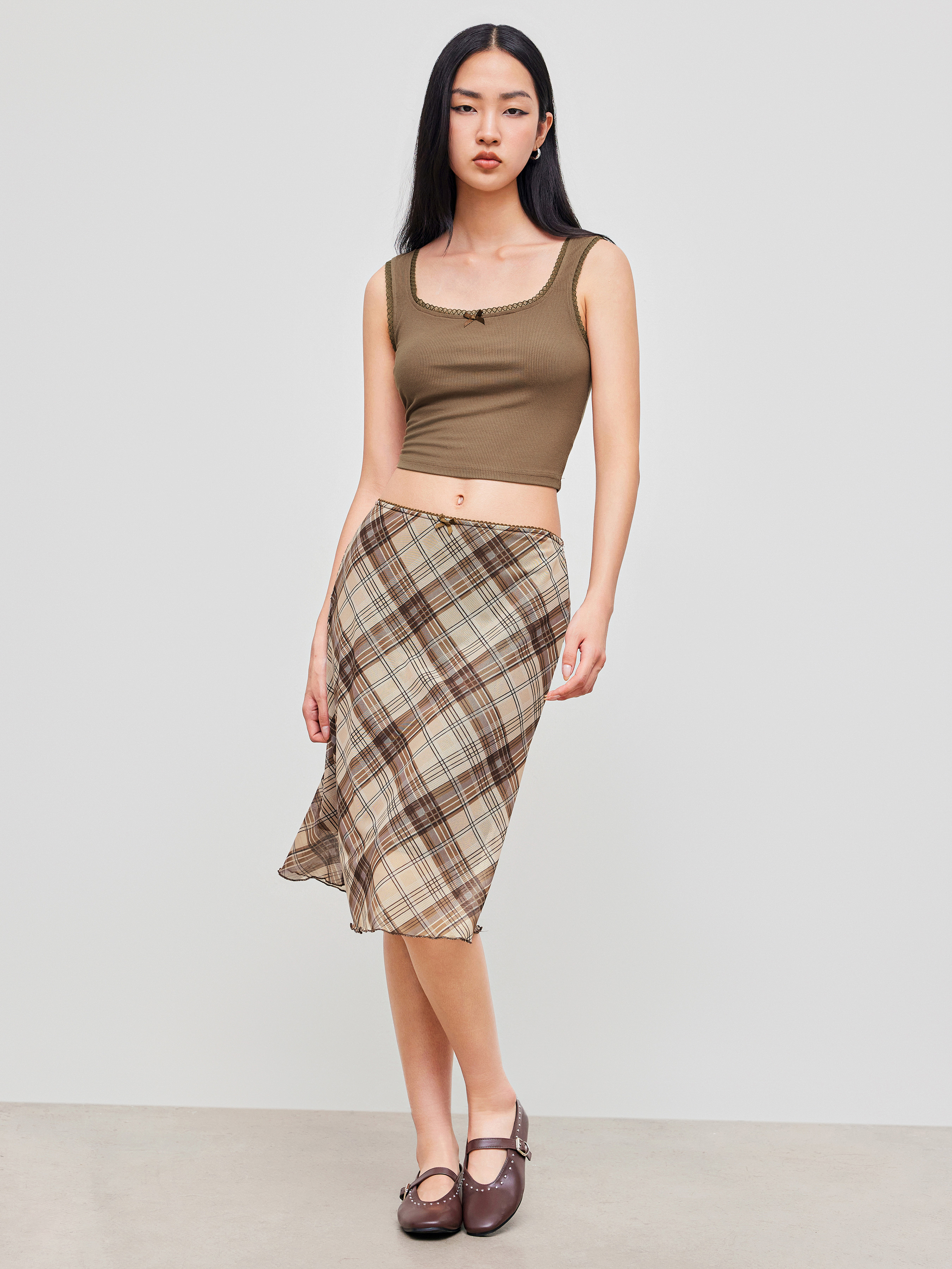 OHESHIO ■ CHECK FRILL MIDI SKIRT COLLUSION festival dropped waist midi skirt in green check