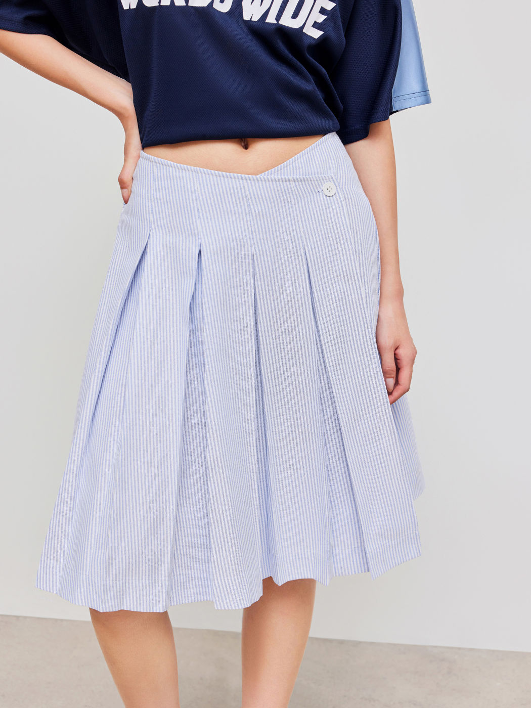 100% Baumwolle Mid Rise Gestreifter Faltenrock Midikleid