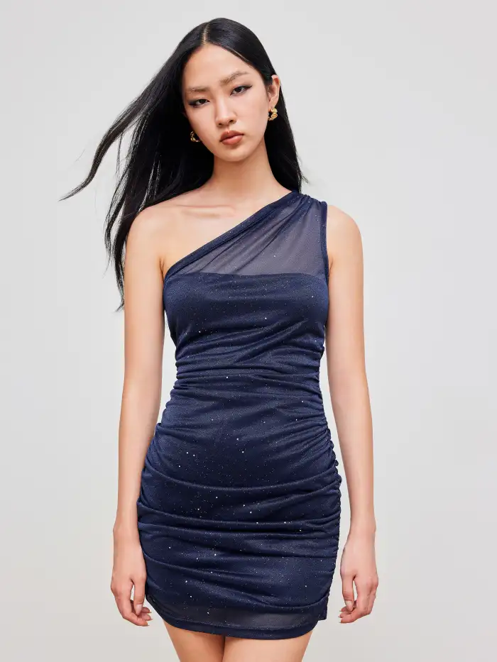 Knit Fabric Asymmetrical Neck Solid Glitter Ruched Mini Dress For Daily Casual Knit Fabric Asymmetrical Neck Solid Glitter Ruched Mini Dress For Daily Casual