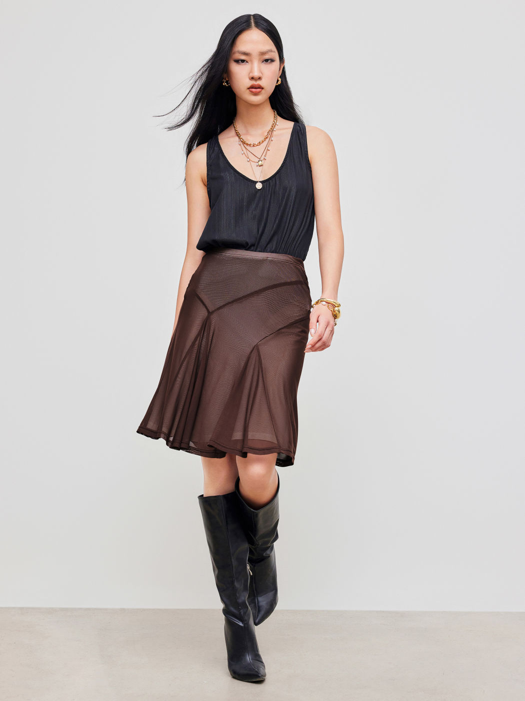 Mesh Mid Rise Solid Ruffle Midirock