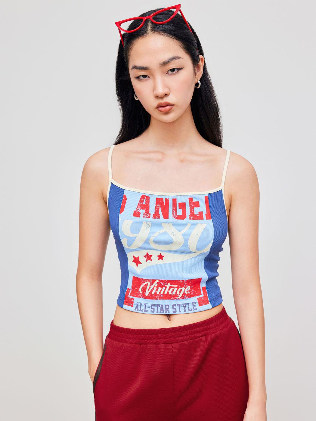 Square Neck Graphic Contrasting Binding Crop Cami Top